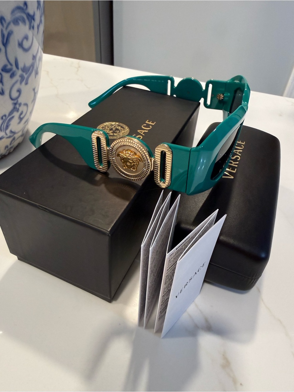 Versace Teal Chunky Rectangular Women’s Sunglasses - Picture 3 of 3